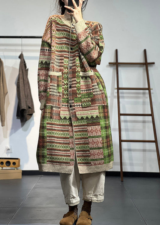 Original Khaki High Neck Print Pockets Knit Cardigans Spring TZ047