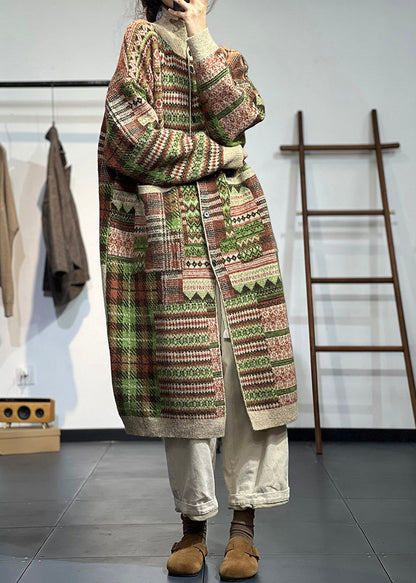 Original Khaki High Neck Print Pockets Knit Cardigans Spring TZ047