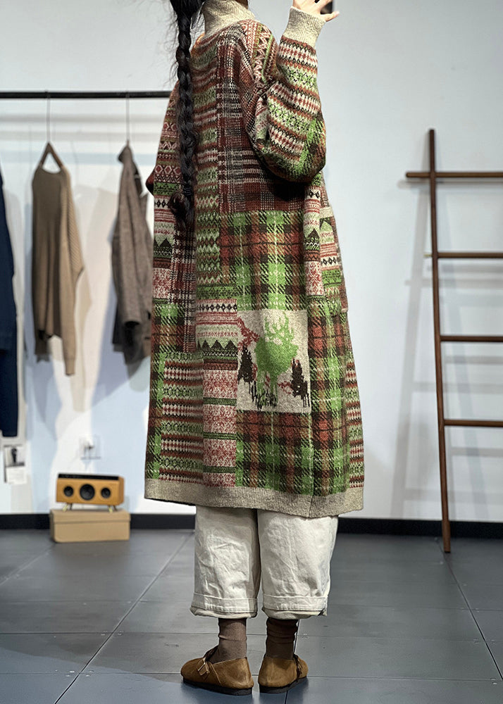 Original Khaki High Neck Print Pockets Knit Cardigans Spring TZ047