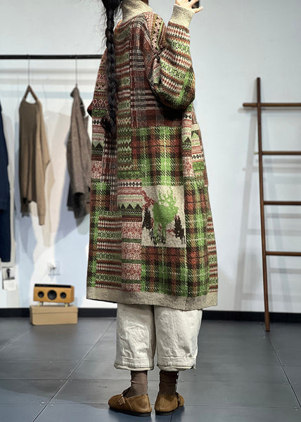 Original Khaki High Neck Print Pockets Knit Cardigans Spring TZ047