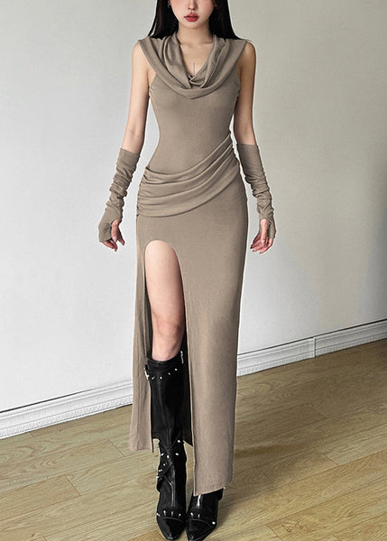 Open Summer Khaki Cotton Hooded Side Wrinkled Original Dress FashionChic