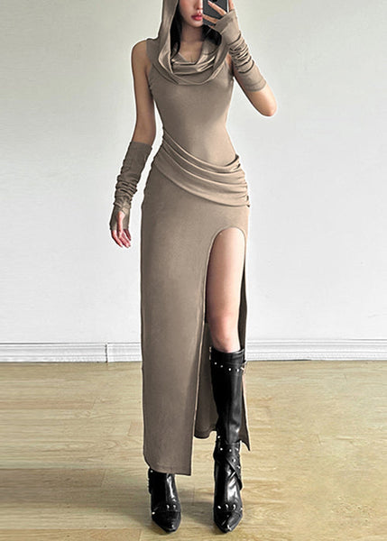 Open Summer Khaki Cotton Hooded Side Wrinkled Original Dress FashionChic