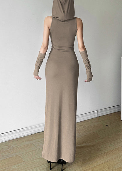 Open Summer Khaki Cotton Hooded Side Wrinkled Original Dress FashionChic