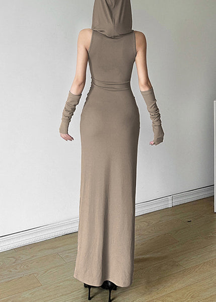 Open Summer Khaki Cotton Hooded Side Wrinkled Original Dress FashionChic