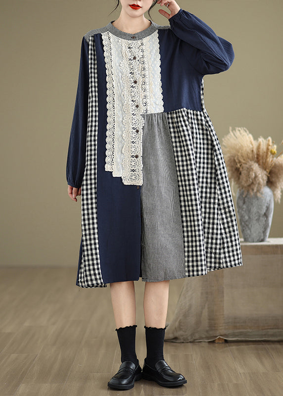 O-Neck Fall Plaid Patchwork Original Dresses Long Lace FashionChic