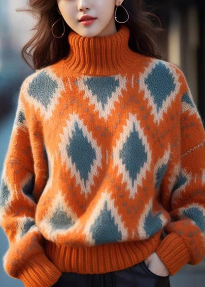 Original Orange Turtleneck Plaid Thick Knit Sweaters Winter WX008 ABC