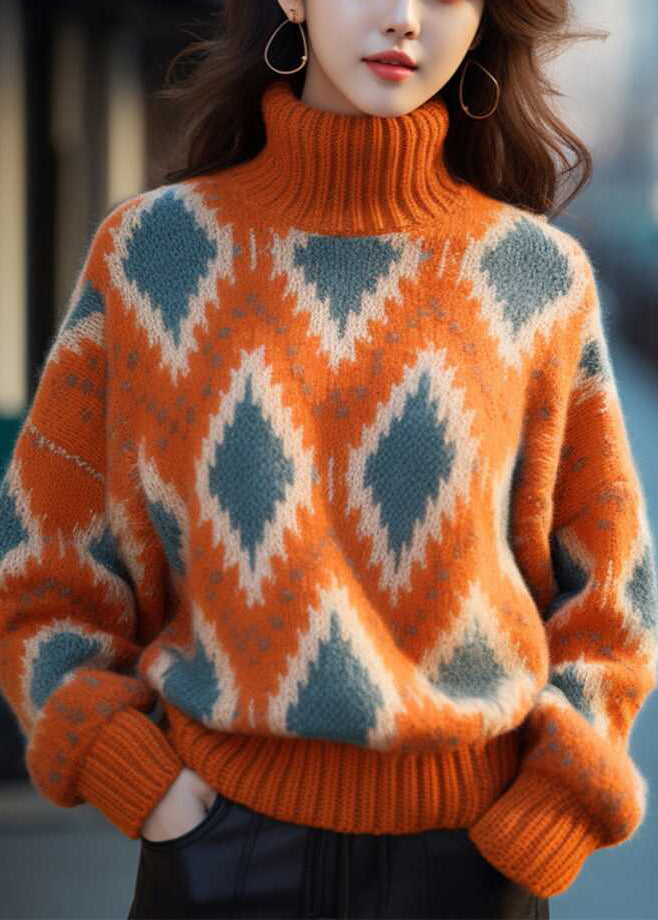 Original Orange Turtleneck Plaid Thick Knit Sweaters Winter WX008 ABC