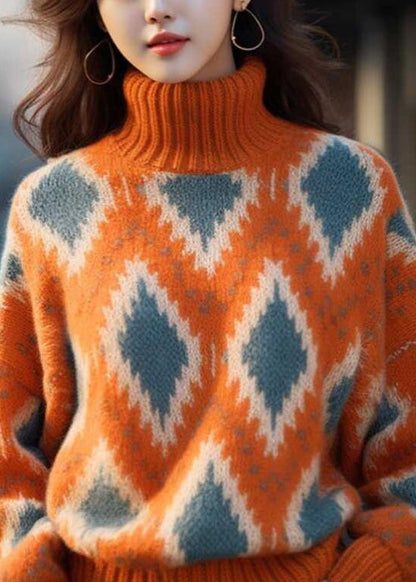 Original Orange Turtleneck Plaid Thick Knit Sweaters Winter WX008 ABC