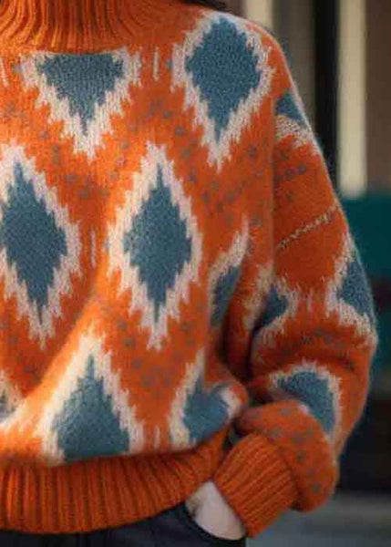 Original Orange Turtleneck Plaid Thick Knit Sweaters Winter WX008 ABC