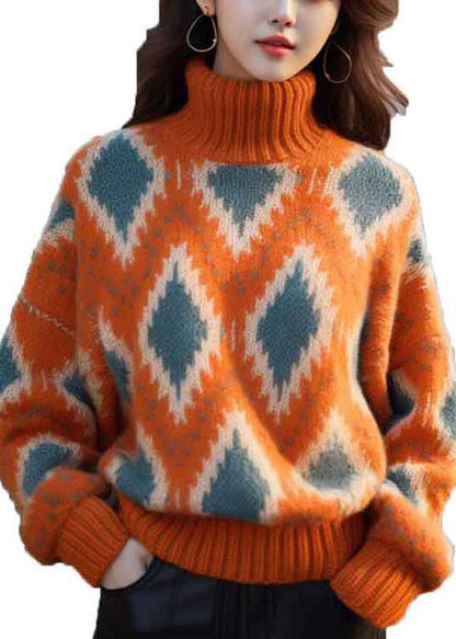 Original Orange Turtleneck Plaid Thick Knit Sweaters Winter WX008 ABC