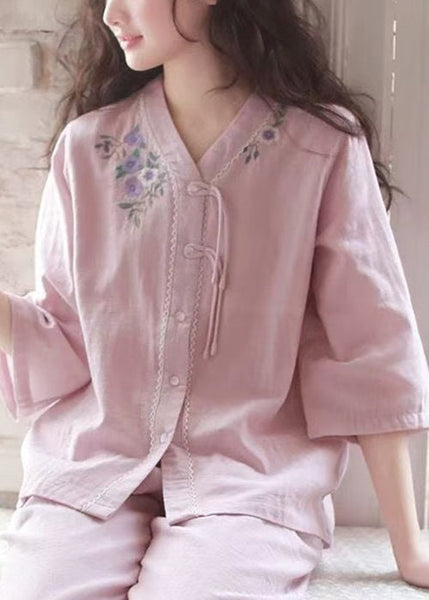 Set Original Pajamas Purple Cotton Embroidered Two Button Piece FashionChic