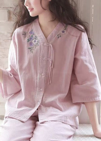 Set Original Pajamas Purple Cotton Embroidered Two Button Piece FashionChic