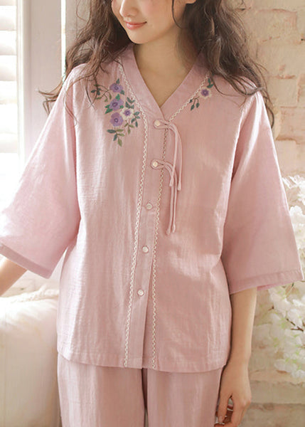 Set Original Pajamas Purple Cotton Embroidered Two Button Piece FashionChic