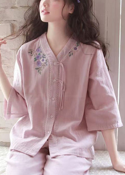 Set Original Pajamas Purple Cotton Embroidered Two Button Piece FashionChic
