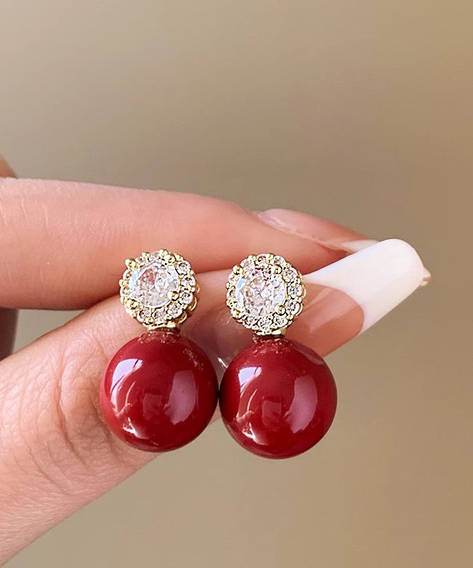 Original Red Copper Alloy Zircon Pearl Stud Earrings ET027 ABC