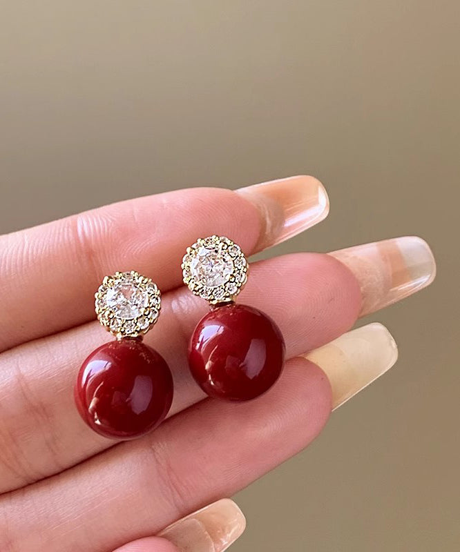 Original Red Copper Alloy Zircon Pearl Stud Earrings ET027 ABC