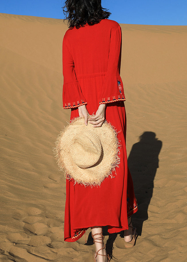 Dresses Long Waist Embroidered Red Tie Cotton Fall Original FashionChic