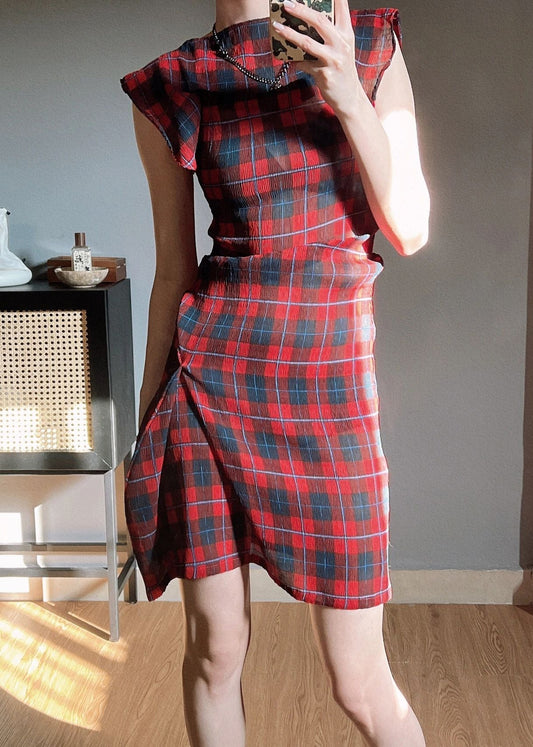 Original Red Plaid O Neck Wrinkled Chiffon Dress Butterfly Sleeve WW1005 Ada Fashion