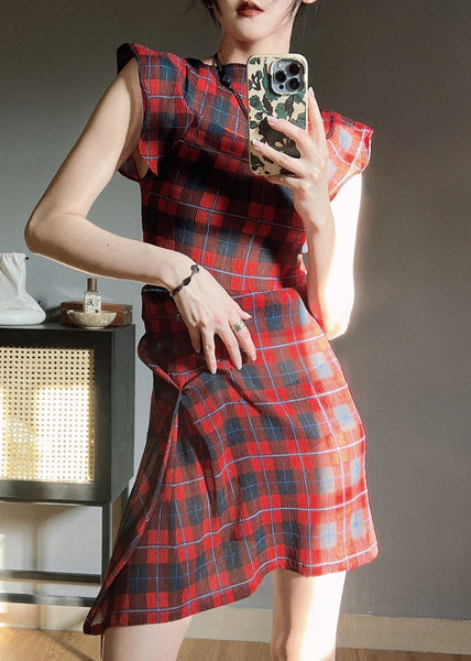 Original Red Plaid O Neck Wrinkled Chiffon Dress Butterfly Sleeve WW1005 Ada Fashion