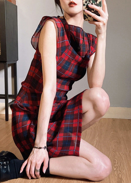 Original Red Plaid O Neck Wrinkled Chiffon Dress Butterfly Sleeve WW1005 Ada Fashion