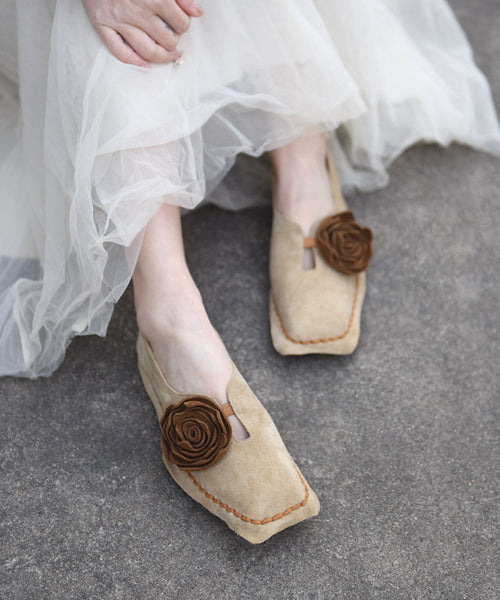 Retro Shoes Suede Apricot Flat Flower Square Original Toe FashionChic