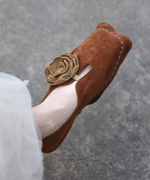 Retro Shoes Suede Apricot Flat Flower Square Original Toe FashionChic