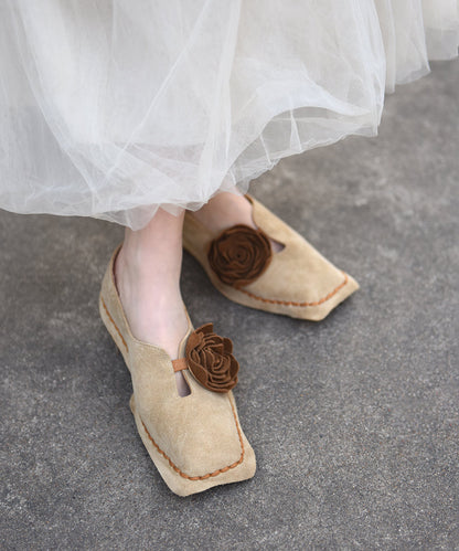 Retro Shoes Suede Apricot Flat Flower Square Original Toe FashionChic