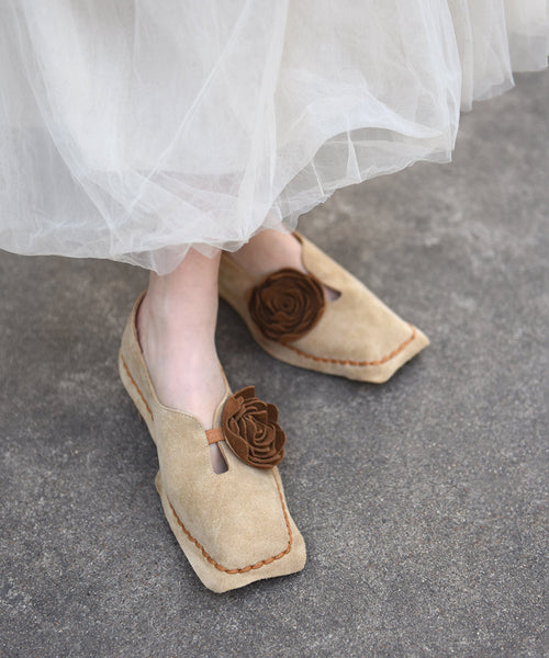 Retro Shoes Suede Apricot Flat Flower Square Original Toe FashionChic