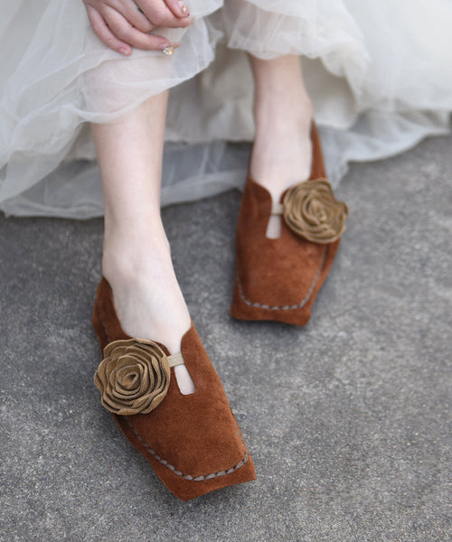 Retro Shoes Suede Apricot Flat Flower Square Original Toe FashionChic