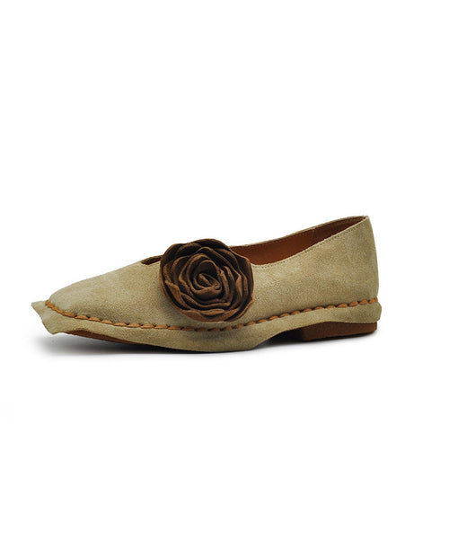 Retro Shoes Suede Apricot Flat Flower Square Original Toe FashionChic
