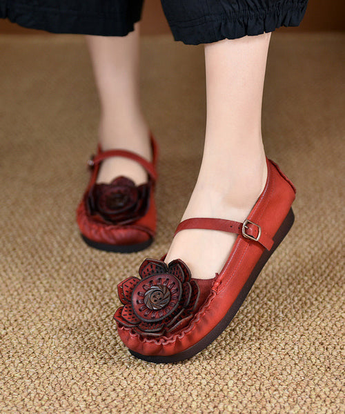 Original Retro Red Floral Soft Sole Cowhide Leather Flats Shoes RT1024 Ada Fashion