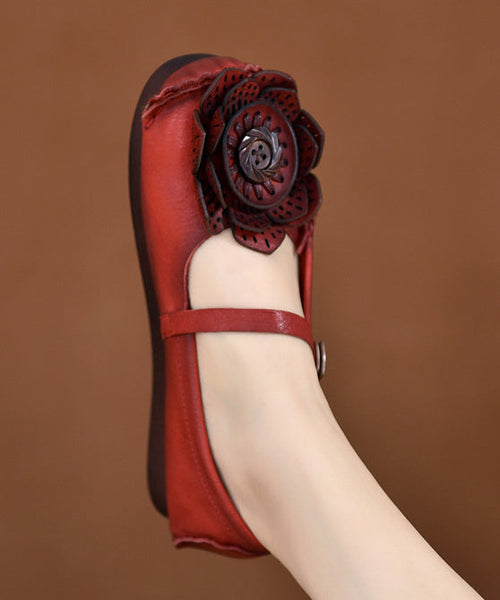 Original Retro Red Floral Soft Sole Cowhide Leather Flats Shoes RT1024 Ada Fashion