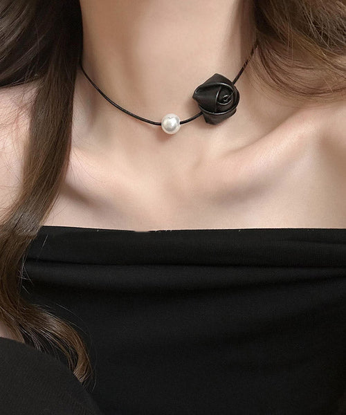 Original Silk Stainless Steel PU Pearl Rose Pendant Necklace YA028 ABC