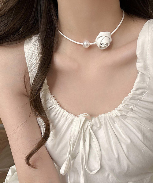 Original Silk Stainless Steel PU Pearl Rose Pendant Necklace YA028 ABC