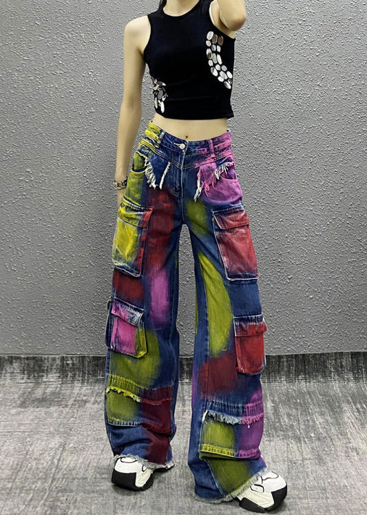 Original Tie Dye Tassel Pockets Patchwork Denim Wide Leg Pants Fall RI011 ABC