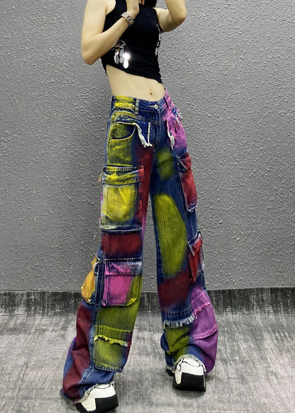 Original Tie Dye Tassel Pockets Patchwork Denim Wide Leg Pants Fall RI011 ABC