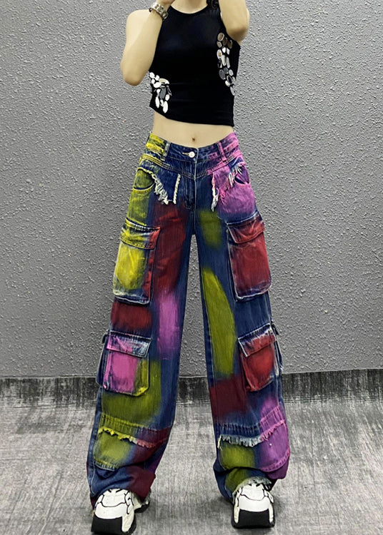 Original Tie Dye Tassel Pockets Patchwork Denim Wide Leg Pants Fall RI011 ABC