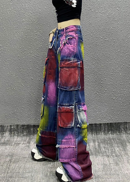 Original Tie Dye Tassel Pockets Patchwork Denim Wide Leg Pants Fall RI011 ABC