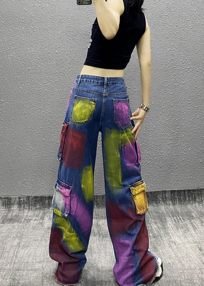 Original Tie Dye Tassel Pockets Patchwork Denim Wide Leg Pants Fall RI011 ABC