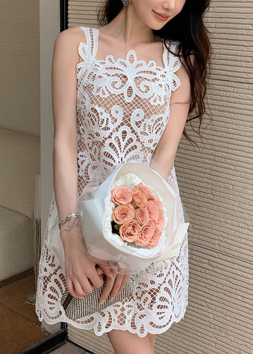 White Dress Out Sleeveless Original Mid Hollow Lace FashionChic