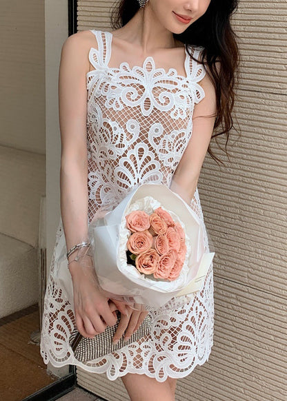 White Dress Out Sleeveless Original Mid Hollow Lace FashionChic