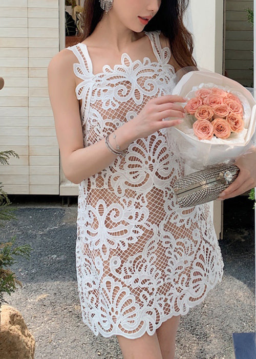 White Dress Out Sleeveless Original Mid Hollow Lace FashionChic