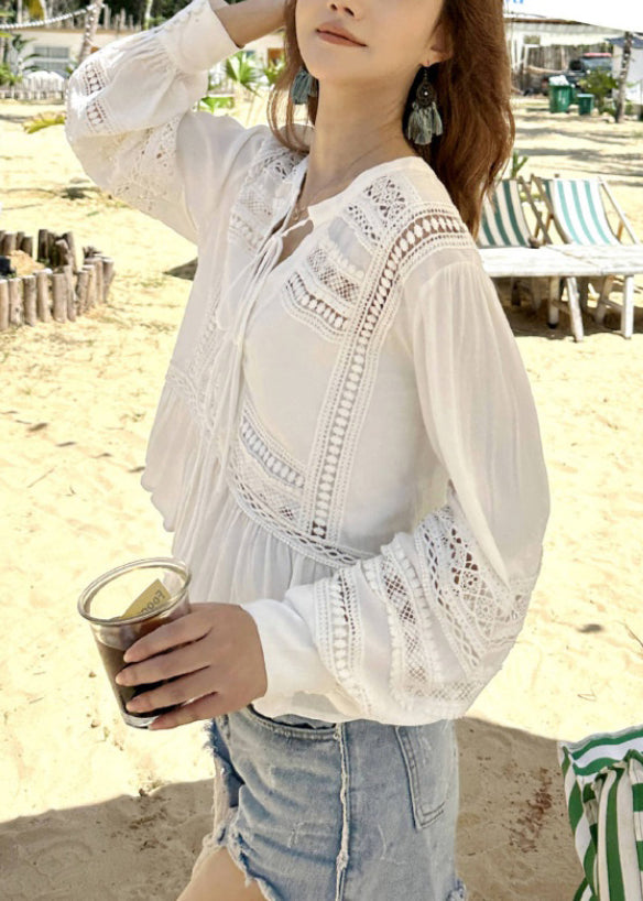 Hollow Original Fall Up Out Lace Cotton White Shirt FashionChic