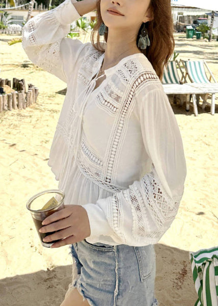 Hollow Original Fall Up Out Lace Cotton White Shirt FashionChic