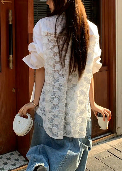 Collar Button Patchwork Peter Original Lace White Shirt Pan FashionChic