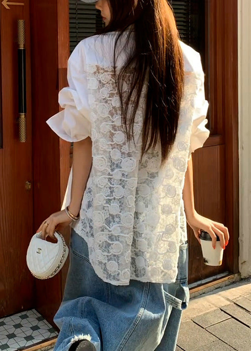 Collar Button Patchwork Peter Original Lace White Shirt Pan FashionChic