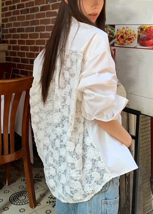 Collar Button Patchwork Peter Original Lace White Shirt Pan FashionChic