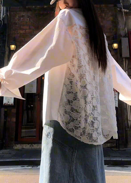 Collar Button Patchwork Peter Original Lace White Shirt Pan FashionChic