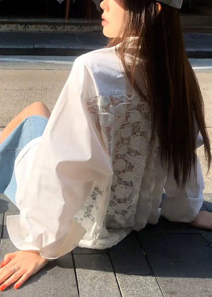 Collar Button Patchwork Peter Original Lace White Shirt Pan FashionChic