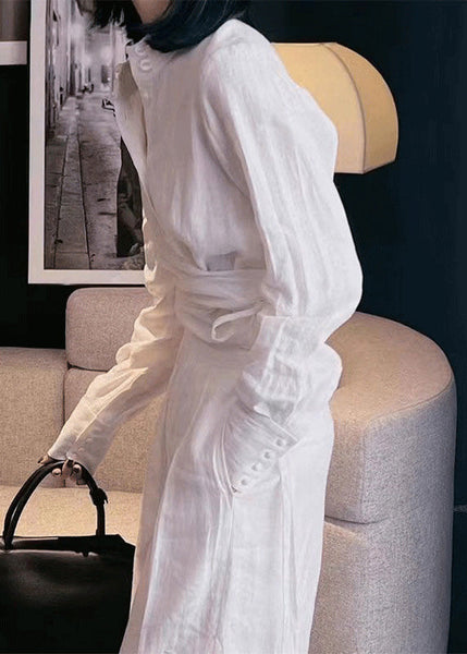 Original White Stand Collar Lace Up Linen Two Piece Suit Set Spring YZ016 ABC